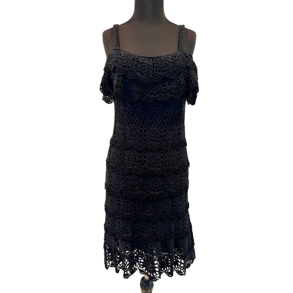 Boston Proper Crochet Black Layered Stretch Lined Dress Spaghetti Strap Sz M